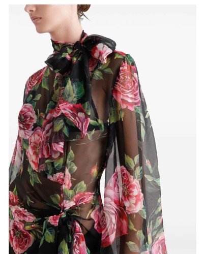 NIGO Dolce&Gabbana Women's Summer Floral Printed Half High Neck Tie Mid-Length Silk Long Sleeve Dresses Ngvp #nigo9996
