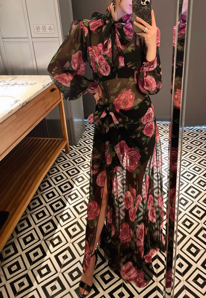 NIGO Dolce&Gabbana Women's Summer Floral Printed Half High Neck Tie Mid-Length Silk Long Sleeve Dresses Ngvp #nigo9996
