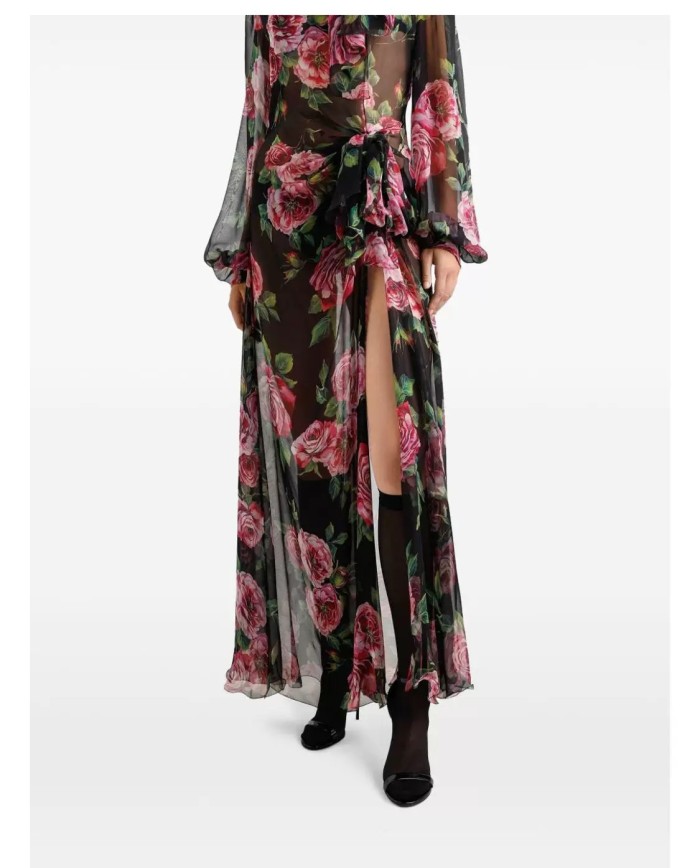 NIGO Dolce&Gabbana Women's Summer Floral Printed Half High Neck Tie Mid-Length Silk Long Sleeve Dresses Ngvp #nigo9996