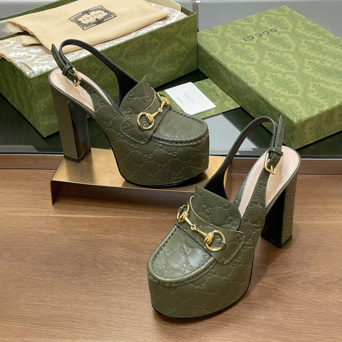 NIGO Gucci Women's Monogram Printed Solid Color Leather Buckle Round Toe Chunky High Heels Shoes #nigo75398