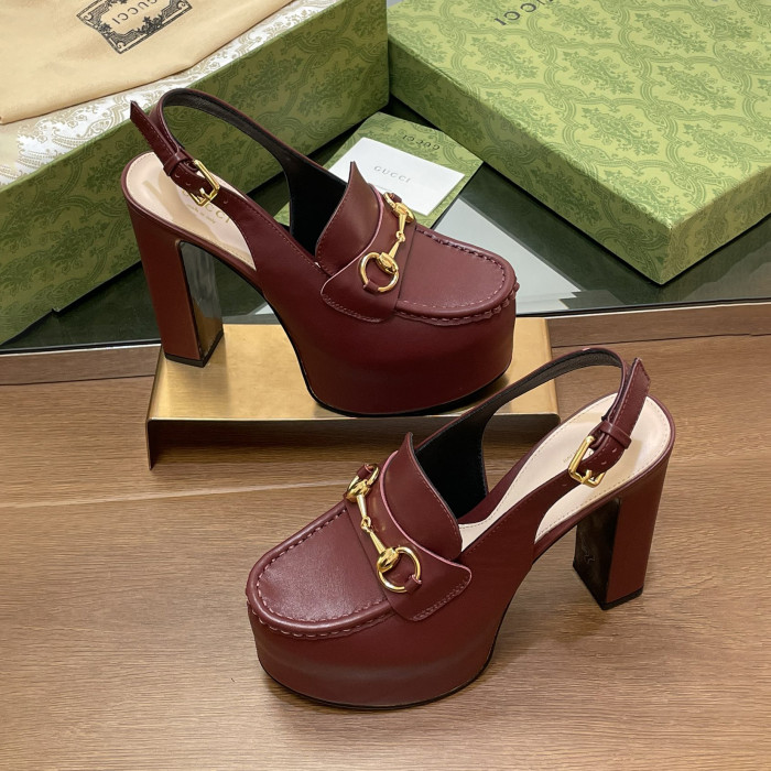 NIGO Gucci Women's Monogram Printed Solid Color Leather Buckle Round Toe Chunky High Heels Shoes #nigo75398