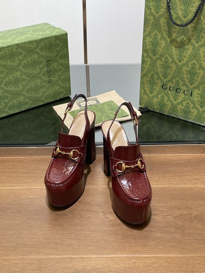 NIGO Gucci Women's Monogram Printed Solid Color Leather Buckle Round Toe Chunky High Heels Shoes #nigo75398