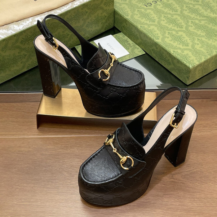 NIGO Gucci Women's Monogram Printed Solid Color Leather Buckle Round Toe Chunky High Heels Shoes #nigo75398