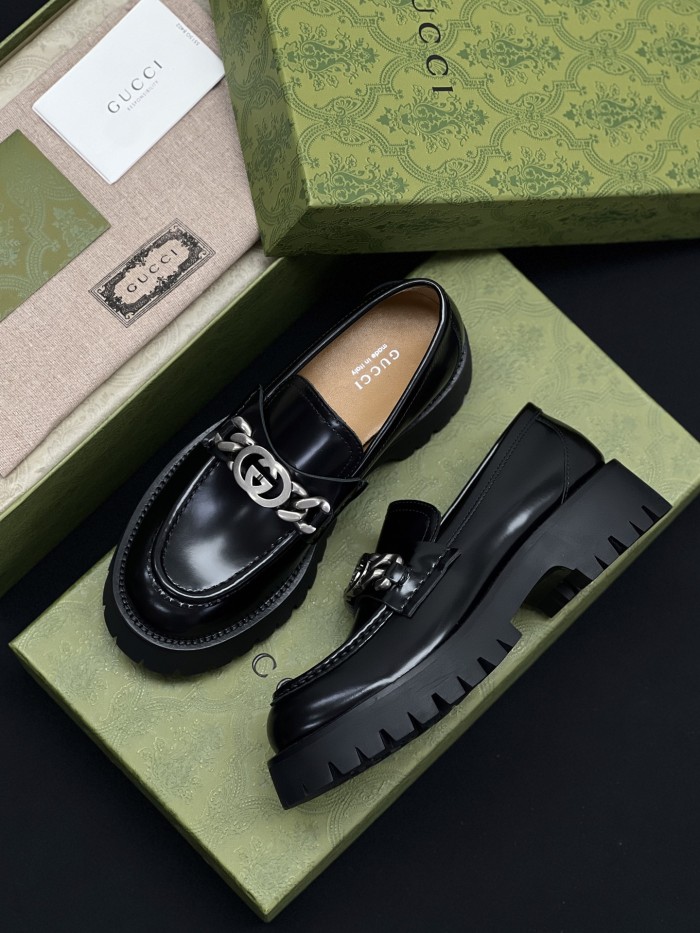 NIGO Gucci Women's Spring and Summer Solid Color Leather Round Head Over-Toe Loafers Shoes #nigo75423