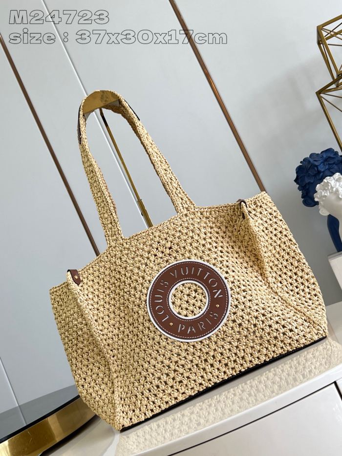 NIGO Louis Vuitton ONTHEGO Women's Solid Color Letter Logo Leather Patch Natural Raffia Shopper Handbag Tote Bag Bags #nigo75397