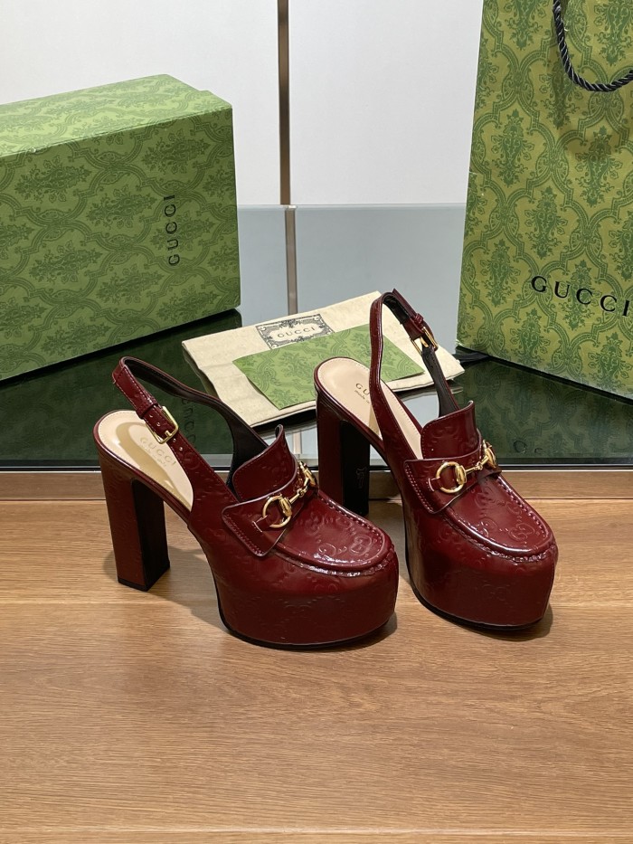 NIGO Gucci Women's Monogram Printed Solid Color Leather Buckle Round Toe Chunky High Heels Shoes #nigo75398