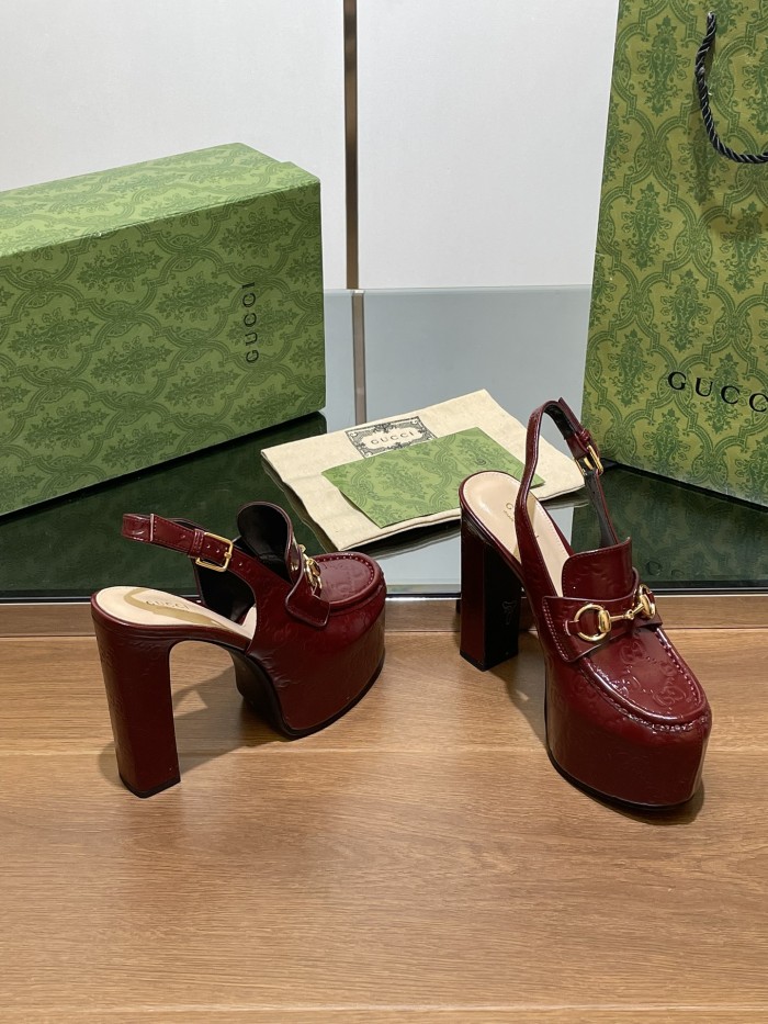 NIGO Gucci Women's Monogram Printed Solid Color Leather Buckle Round Toe Chunky High Heels Shoes #nigo75398