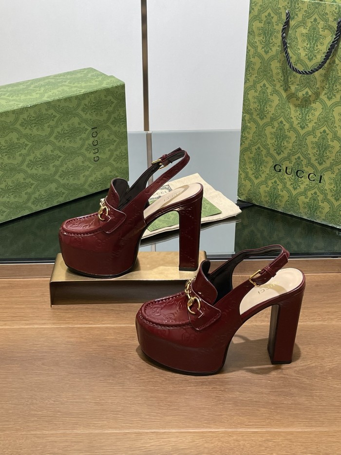 NIGO Gucci Women's Monogram Printed Solid Color Leather Buckle Round Toe Chunky High Heels Shoes #nigo75398