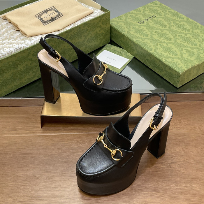 NIGO Gucci Women's Monogram Printed Solid Color Leather Buckle Round Toe Chunky High Heels Shoes #nigo75398