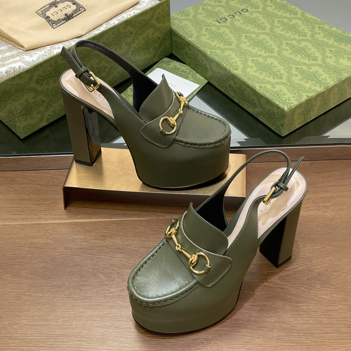 NIGO Gucci Women's Monogram Printed Solid Color Leather Buckle Round Toe Chunky High Heels Shoes #nigo75398