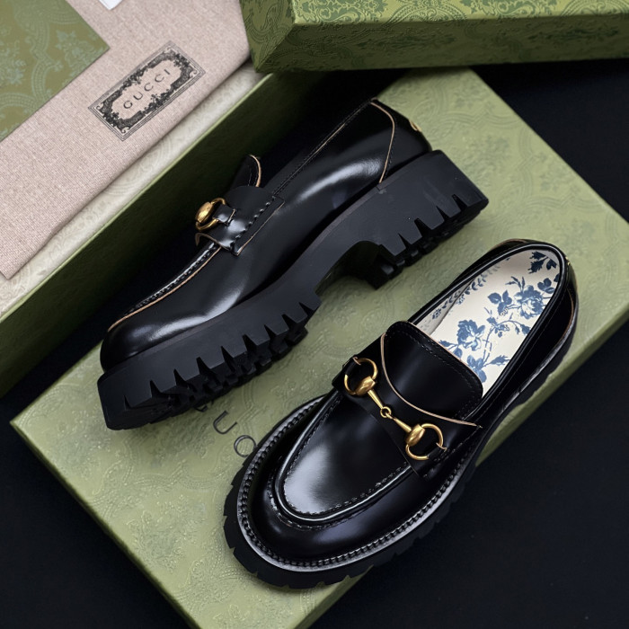 NIGO Gucci Women's Spring and Summer Solid Color Leather Round Head Over-Toe Loafers Shoes #nigo75423