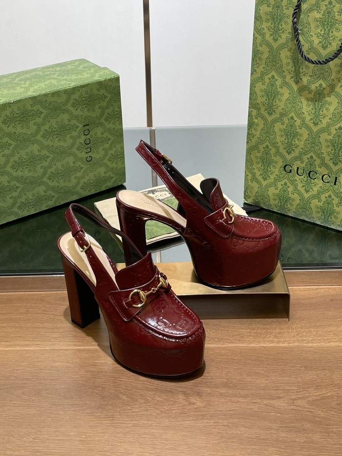 NIGO Gucci Women's Monogram Printed Solid Color Leather Buckle Round Toe Chunky High Heels Shoes #nigo75398