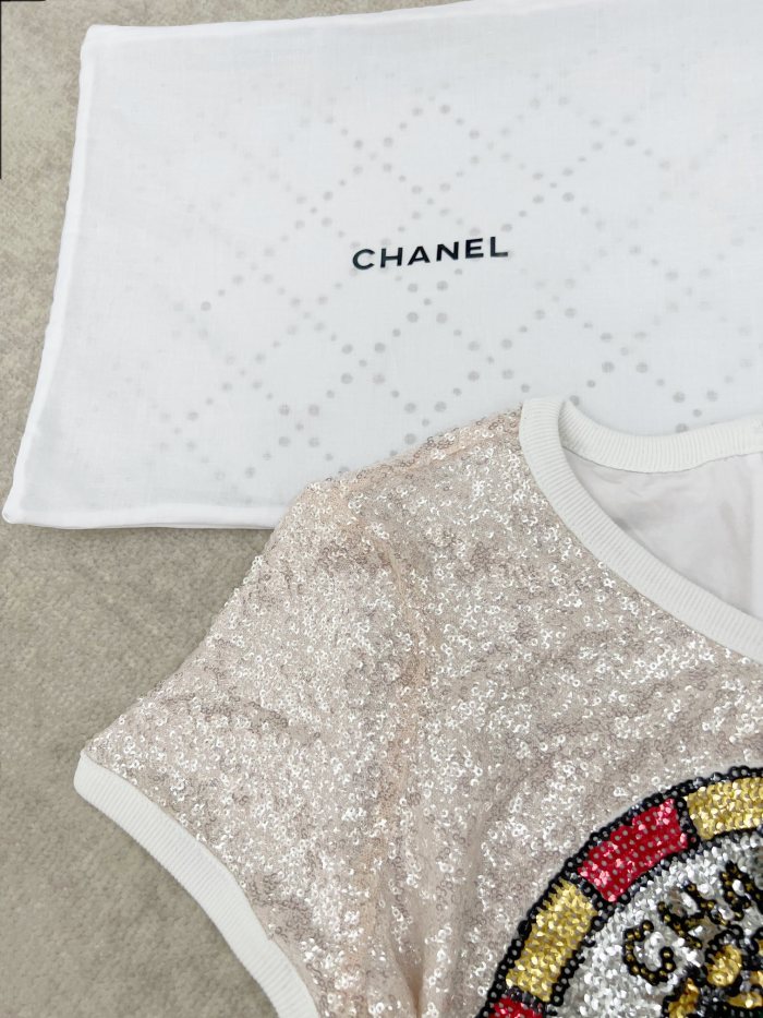 NIGO Chanel Women's Summer Sequins Geometric Pattern Solid Color Round Neck Short Sleeve T-Shirt #nigo75461