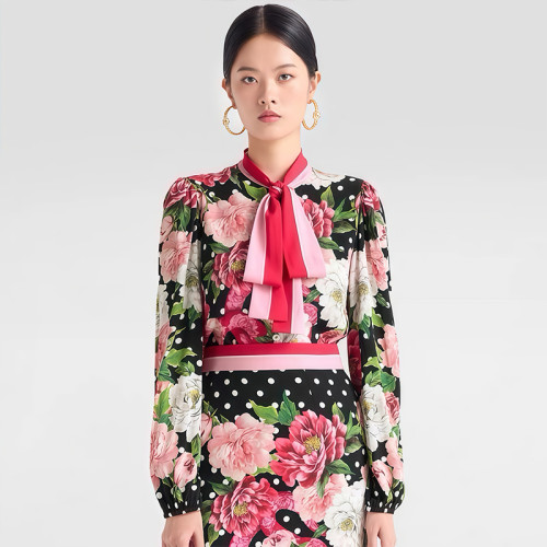NIGO Dolce&Gabbana Women's Spring And Summer Floral Printing Lace-up Long Sleeve Silk Shirt Casual Half Skirt Ngvp #nigo1153