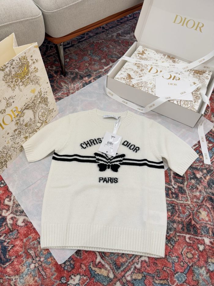 NIGO DIOR Women‘s Summer Solid Color Pattern Printed Round Neck Knit Short Sleeve Cashmere Sweater T-Shirt #nigo75482