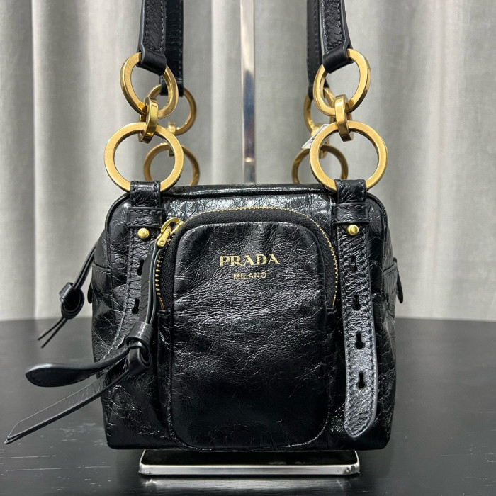 NIGO Prada Dangle Women's Black Letter Print Zipper Closure Cowhide Leather Mini Shoulder Bag Bags #nigo75499