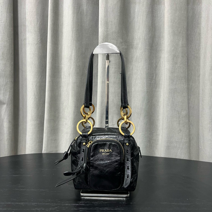 NIGO Prada Dangle Women's Black Letter Print Zipper Closure Cowhide Leather Mini Shoulder Bag Bags #nigo75499