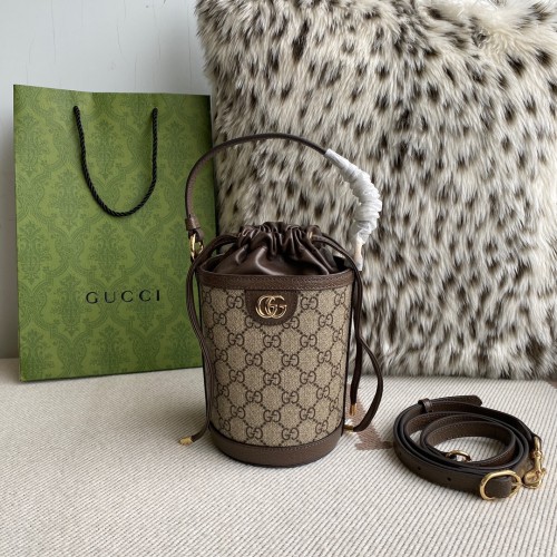 NIGO Gucci Ophidia Women‘s Brown Adjustable Shoulder Strap Drawstring Closure Canvas Spell Leather Bucket Bag Single Shoulder Crossbody Handbag Bags #nigo75549