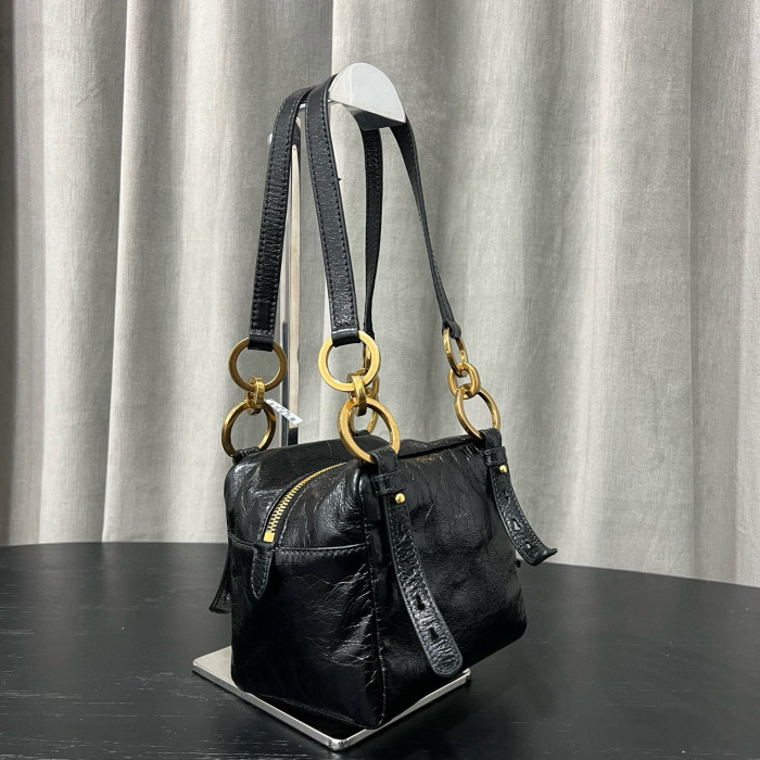 NIGO Prada Dangle Women's Black Letter Print Zipper Closure Cowhide Leather Mini Shoulder Bag Bags #nigo75499