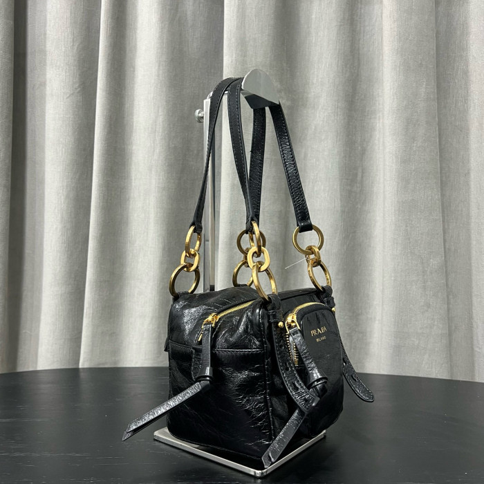 NIGO Prada Dangle Women's Black Letter Print Zipper Closure Cowhide Leather Mini Shoulder Bag Bags #nigo75499