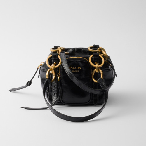 NIGO Prada Dangle Women's Black Letter Print Zipper Closure Cowhide Leather Mini Shoulder Bag Bags #nigo75499