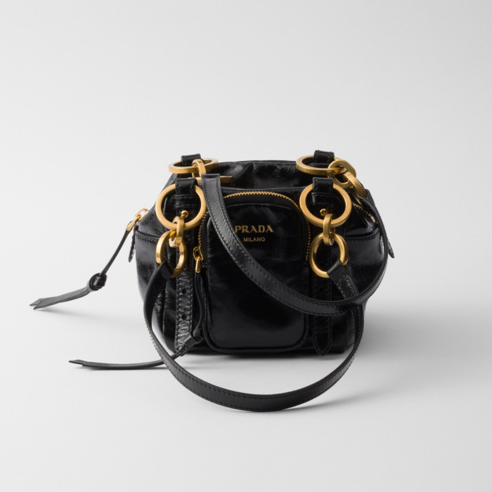 NIGO Prada Dangle Women's Black Letter Print Zipper Closure Cowhide Leather Mini Shoulder Bag Bags #nigo75499