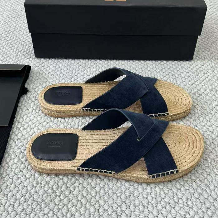 NIGO Ermenegildo Zegna Men's Summer Pure Color Calfskin Round Head Overfoot Raffia Flat Slippers Sandals Shoes #nigo75555