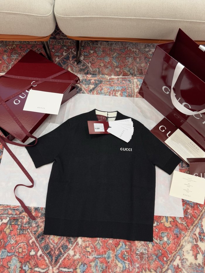 NIGO Gucci Women's Summer Solid Color Appliqued Knit Sweater Back Single Breasted Design Short Sleeve T-Shirt #nigo75551