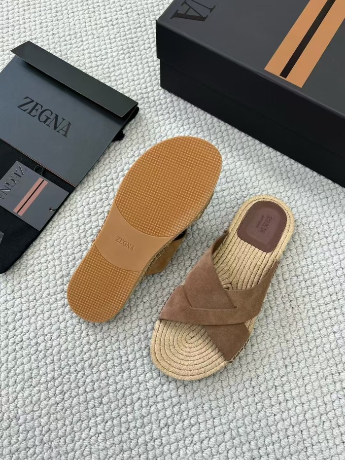 NIGO Ermenegildo Zegna Men's Summer Pure Color Calfskin Round Head Overfoot Raffia Flat Slippers Sandals Shoes #nigo75555
