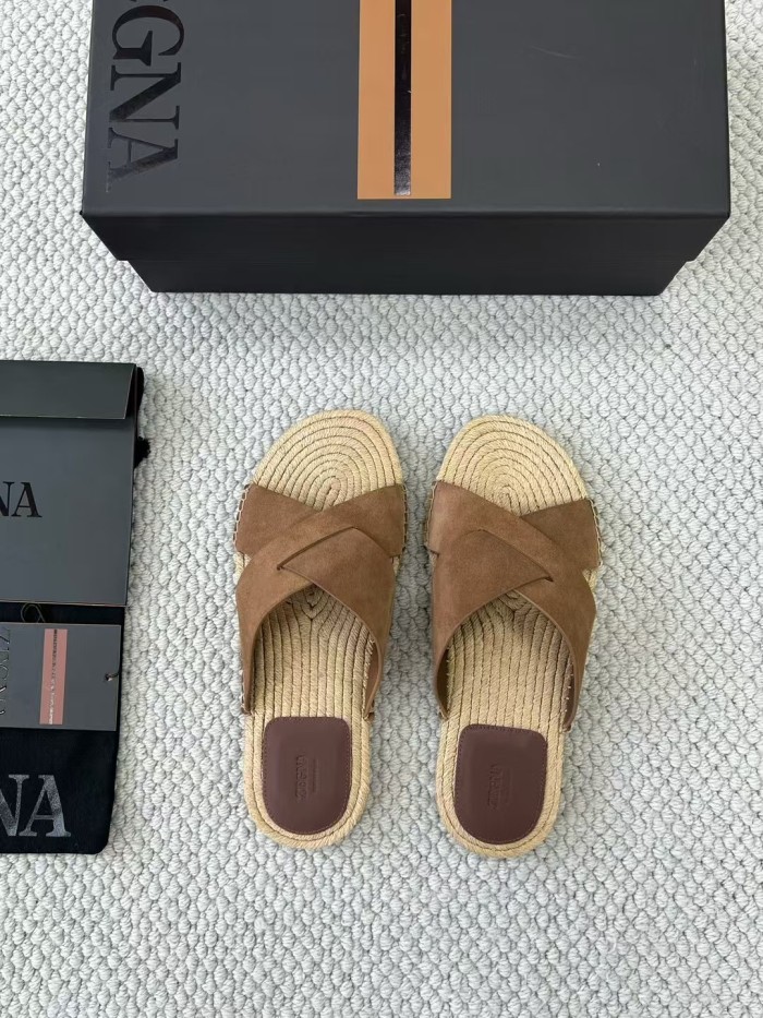 NIGO Ermenegildo Zegna Men's Summer Pure Color Calfskin Round Head Overfoot Raffia Flat Slippers Sandals Shoes #nigo75555