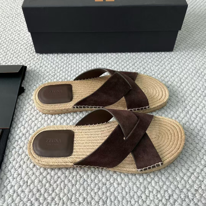 NIGO Ermenegildo Zegna Men's Summer Pure Color Calfskin Round Head Overfoot Raffia Flat Slippers Sandals Shoes #nigo75555