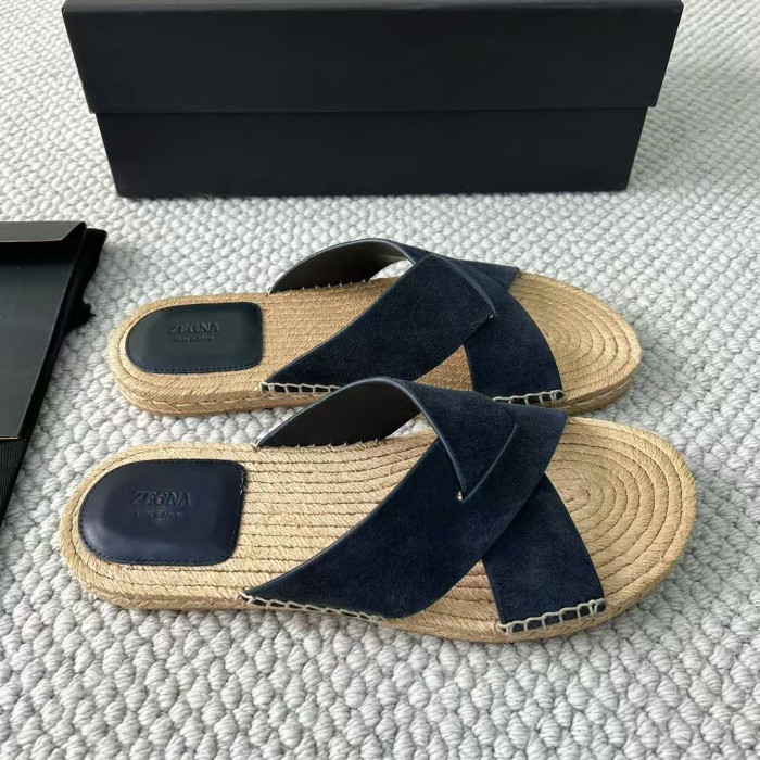 NIGO Ermenegildo Zegna Men's Summer Pure Color Calfskin Round Head Overfoot Raffia Flat Slippers Sandals Shoes #nigo75555