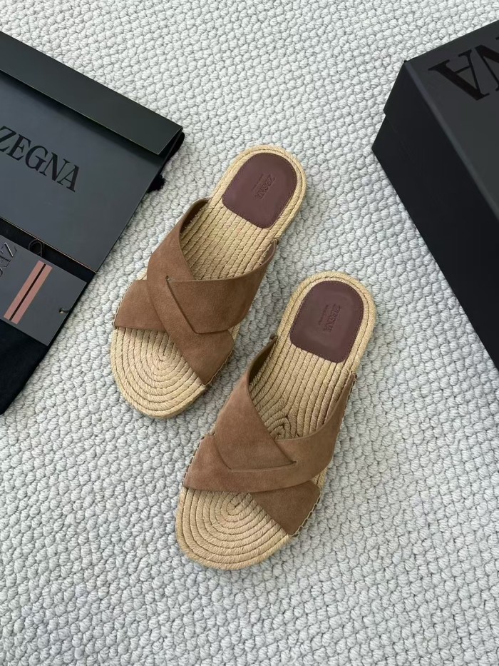 NIGO Ermenegildo Zegna Men's Summer Pure Color Calfskin Round Head Overfoot Raffia Flat Slippers Sandals Shoes #nigo75555