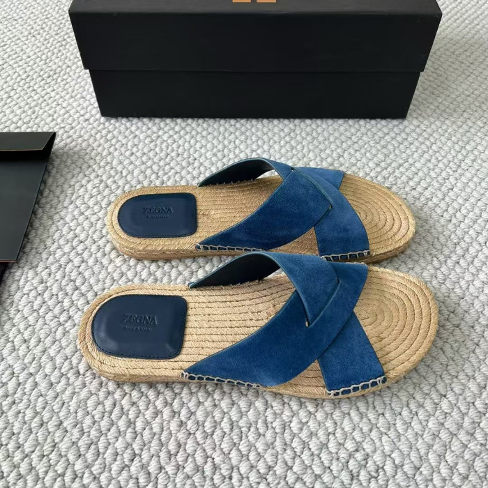 NIGO Ermenegildo Zegna Men's Summer Pure Color Calfskin Round Head Overfoot Raffia Flat Slippers Sandals Shoes #nigo75555