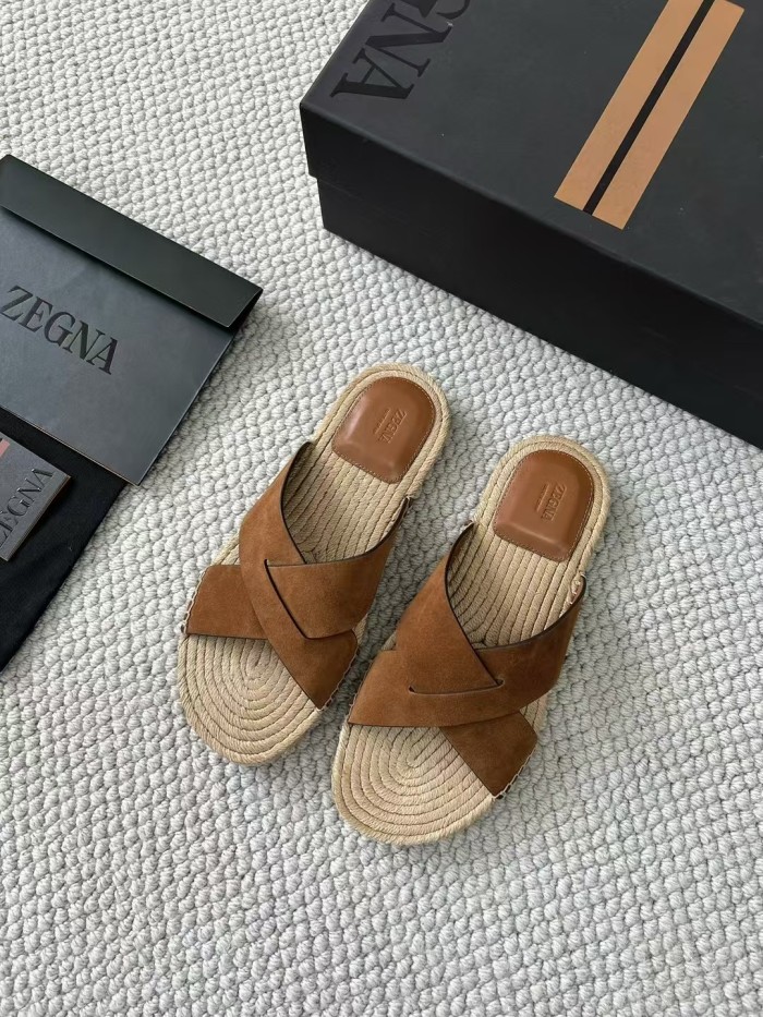 NIGO Ermenegildo Zegna Men's Summer Pure Color Calfskin Round Head Overfoot Raffia Flat Slippers Sandals Shoes #nigo75555