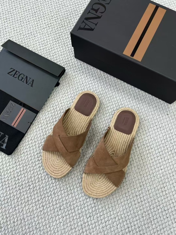 NIGO Ermenegildo Zegna Men's Summer Pure Color Calfskin Round Head Overfoot Raffia Flat Slippers Sandals Shoes #nigo75555