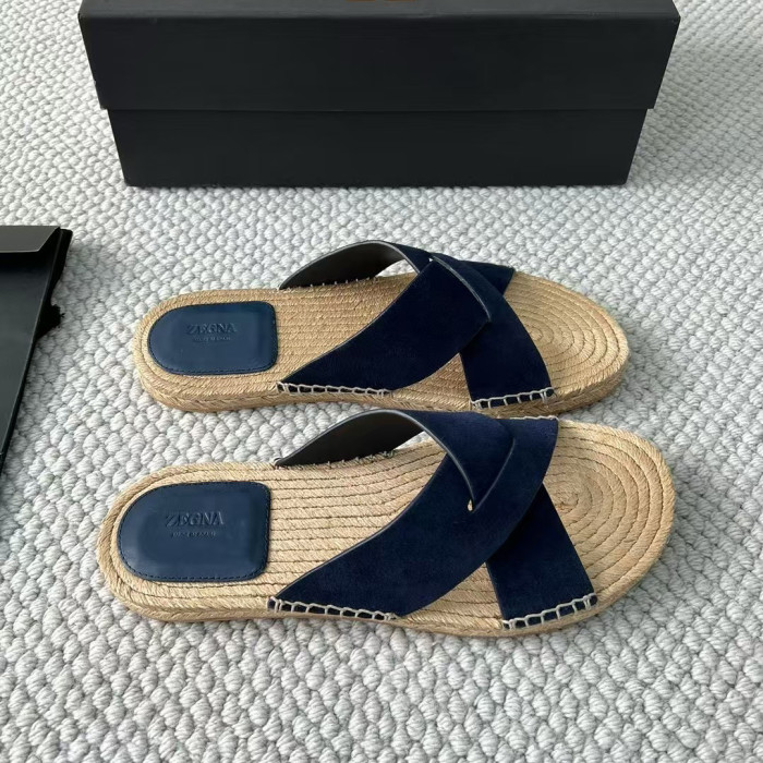 NIGO Ermenegildo Zegna Men's Summer Pure Color Calfskin Round Head Overfoot Raffia Flat Slippers Sandals Shoes #nigo75555