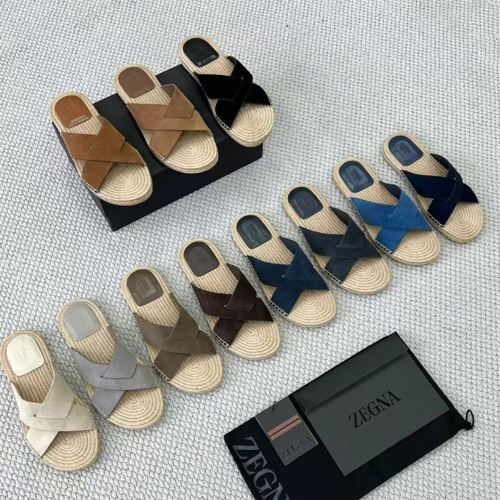 NIGO Ermenegildo Zegna Men's Summer Pure Color Calfskin Round Head Overfoot Raffia Flat Slippers Sandals Shoes #nigo75555