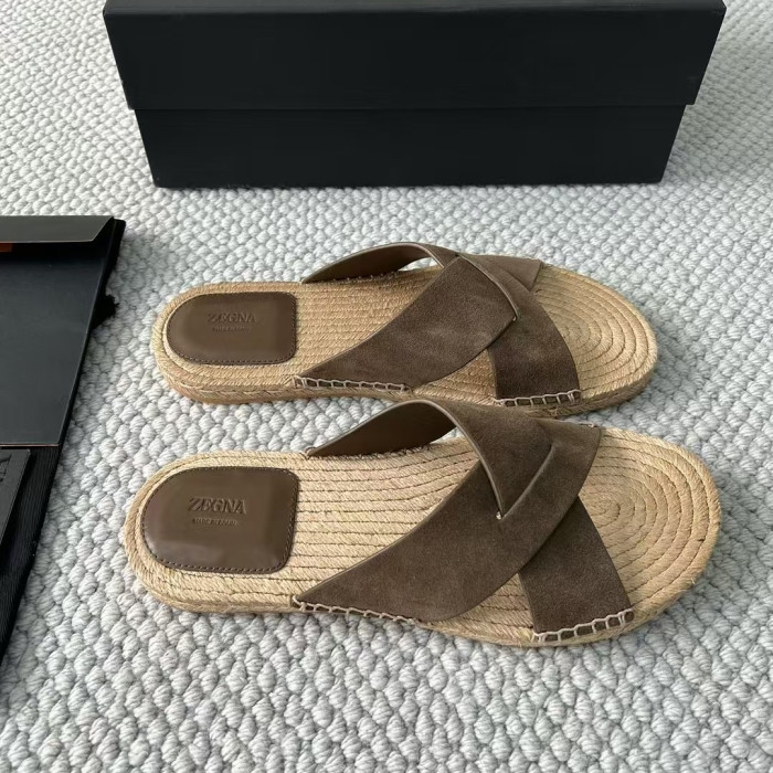 NIGO Ermenegildo Zegna Men's Summer Pure Color Calfskin Round Head Overfoot Raffia Flat Slippers Sandals Shoes #nigo75555