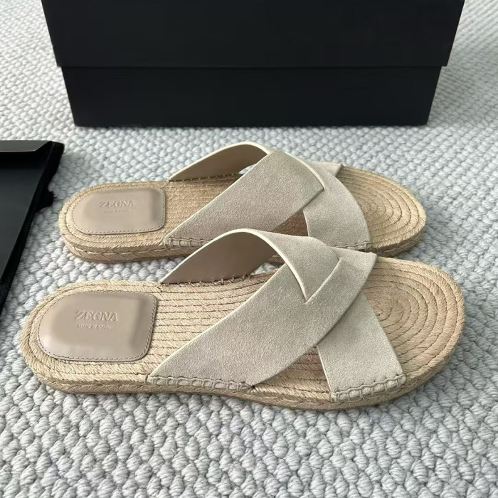 NIGO Ermenegildo Zegna Men's Summer Pure Color Calfskin Round Head Overfoot Raffia Flat Slippers Sandals Shoes #nigo75555