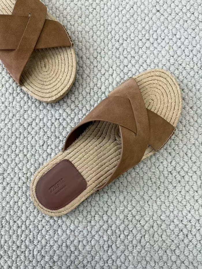 NIGO Ermenegildo Zegna Men's Summer Pure Color Calfskin Round Head Overfoot Raffia Flat Slippers Sandals Shoes #nigo75555