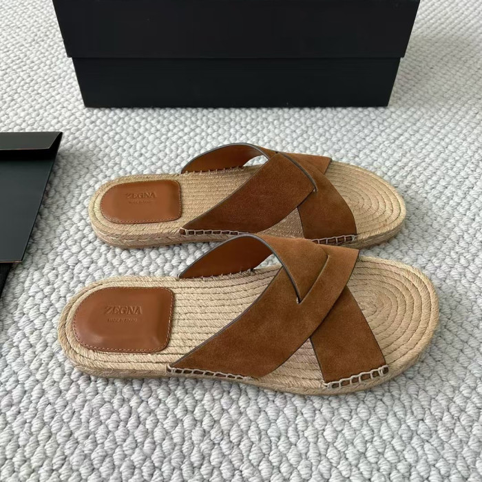NIGO Ermenegildo Zegna Men's Summer Pure Color Calfskin Round Head Overfoot Raffia Flat Slippers Sandals Shoes #nigo75555