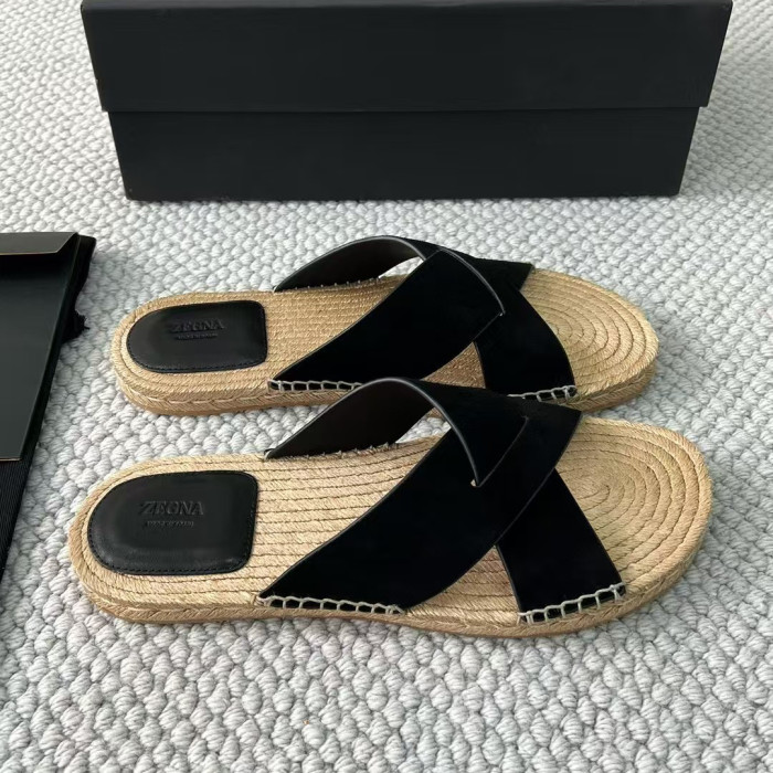 NIGO Ermenegildo Zegna Men's Summer Pure Color Calfskin Round Head Overfoot Raffia Flat Slippers Sandals Shoes #nigo75555