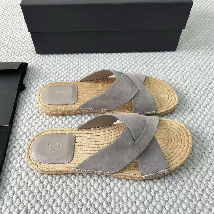 NIGO Ermenegildo Zegna Men's Summer Pure Color Calfskin Round Head Overfoot Raffia Flat Slippers Sandals Shoes #nigo75555