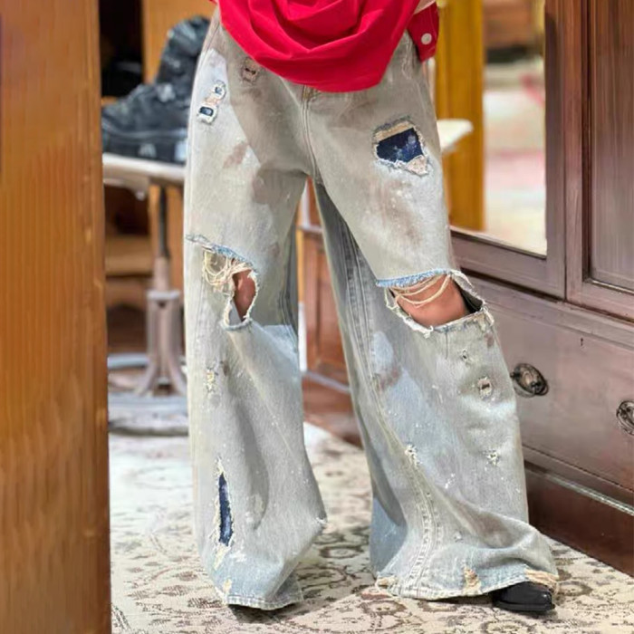NIGO Vetements Men's Four Season Mid Rise Solid Color Distressed Holes Jeans Casual Cotton Loose Wide Leg Pants Ngvp #nigo1211