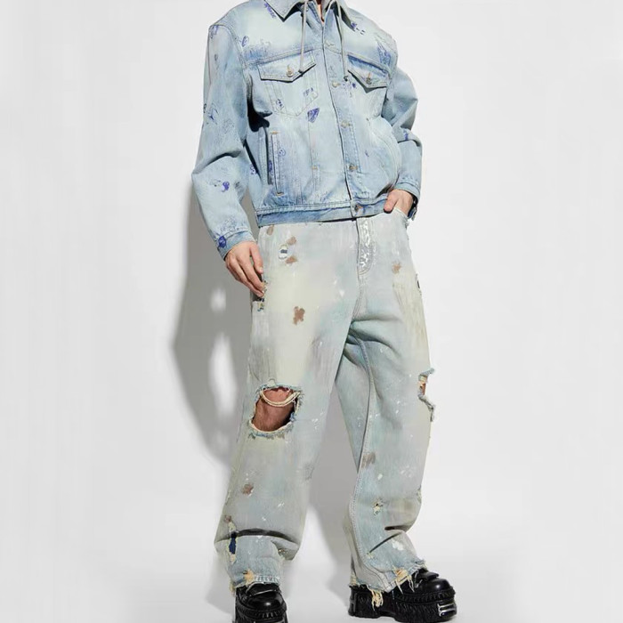 NIGO Vetements Men's Four Season Mid Rise Solid Color Distressed Holes Jeans Casual Cotton Loose Wide Leg Pants Ngvp #nigo1211