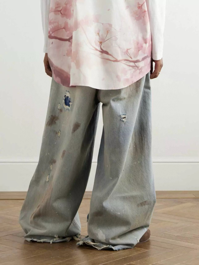 NIGO Vetements Men's Four Season Mid Rise Solid Color Distressed Holes Jeans Casual Cotton Loose Wide Leg Pants Ngvp #nigo1211