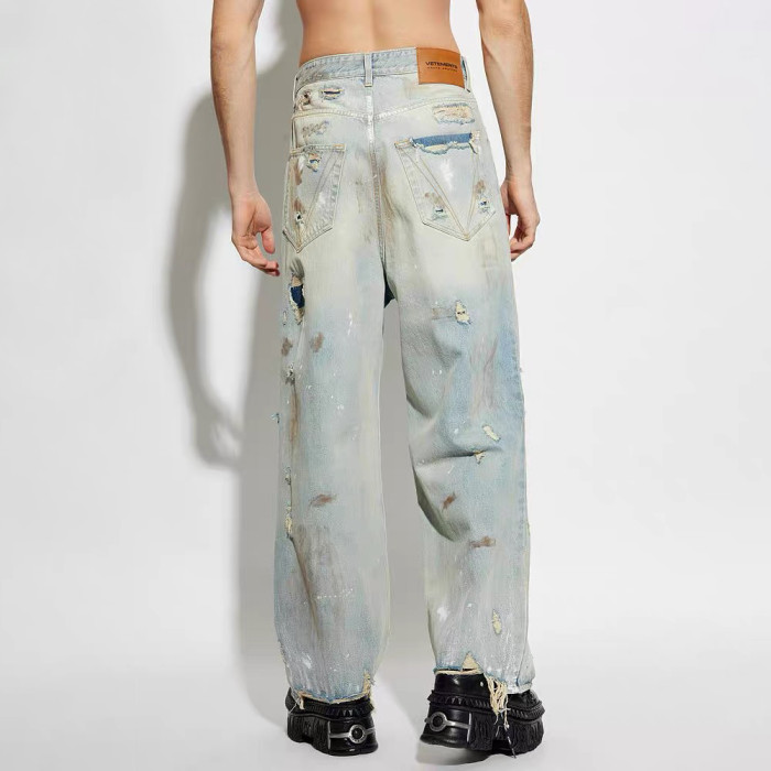 NIGO Vetements Men's Four Season Mid Rise Solid Color Distressed Holes Jeans Casual Cotton Loose Wide Leg Pants Ngvp #nigo1211