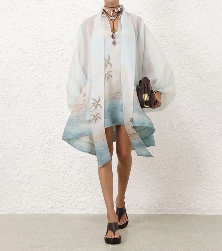 NIGO Zimmermann Women's Summer Blue Beach Pattern Printed Flutter Design Long Sleeve Dress #nigo75612