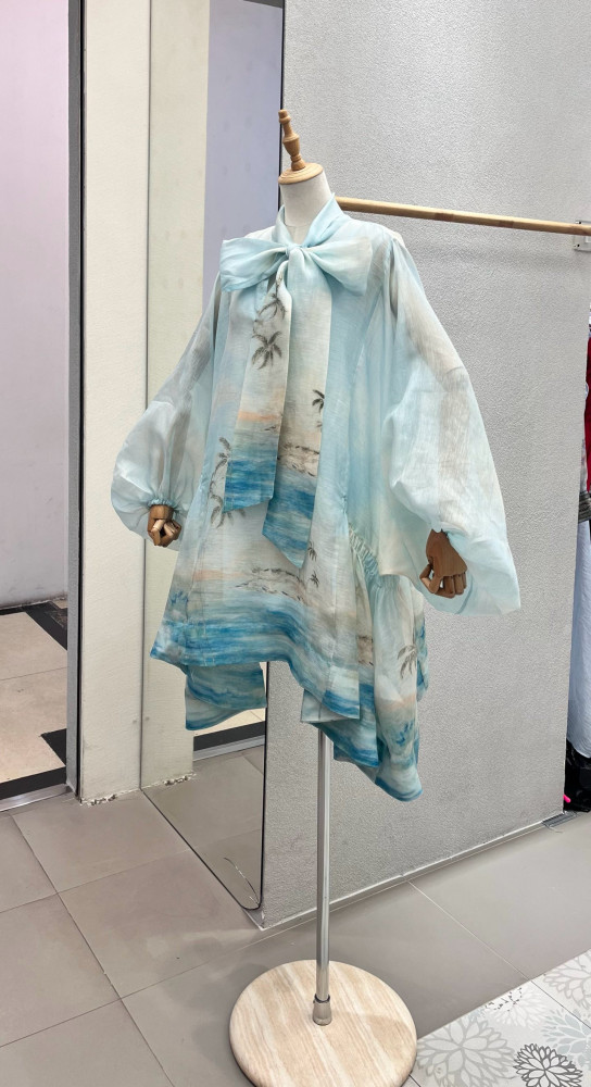 NIGO Zimmermann Women's Summer Blue Beach Pattern Printed Flutter Design Long Sleeve Dress #nigo75612